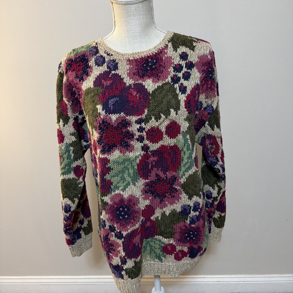 Northern Isles Women's Large Cotton Sweater Pink Mauve Green Cottagecore